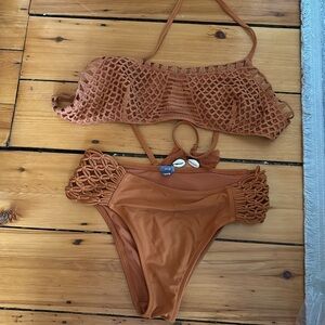 Brown two piece crochet accent bikini